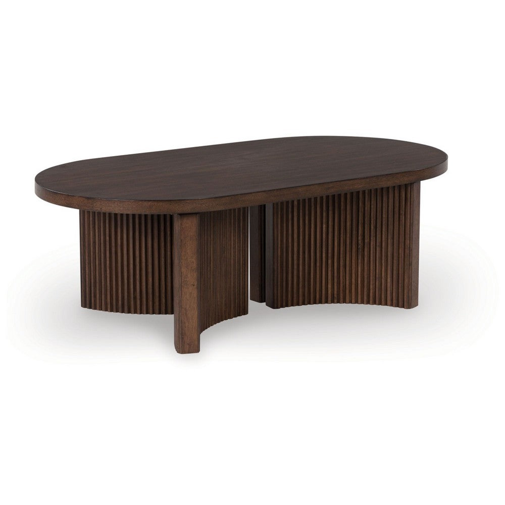 Jeno Coffee Table, 51 Inch Oval, 4 Curved Reeded Plinth Bases, Brown Wood - BM349012