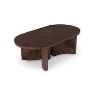 Jeno Coffee Table, 51 Inch Oval, 4 Curved Reeded Plinth Bases, Brown Wood - BM349012