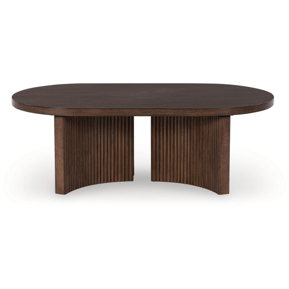 Jeno Coffee Table, 51 Inch Oval, 4 Curved Reeded Plinth Bases, Brown Wood - BM349012