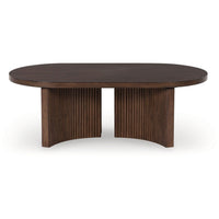 Jeno Coffee Table, 51 Inch Oval, 4 Curved Reeded Plinth Bases, Brown Wood - BM349012