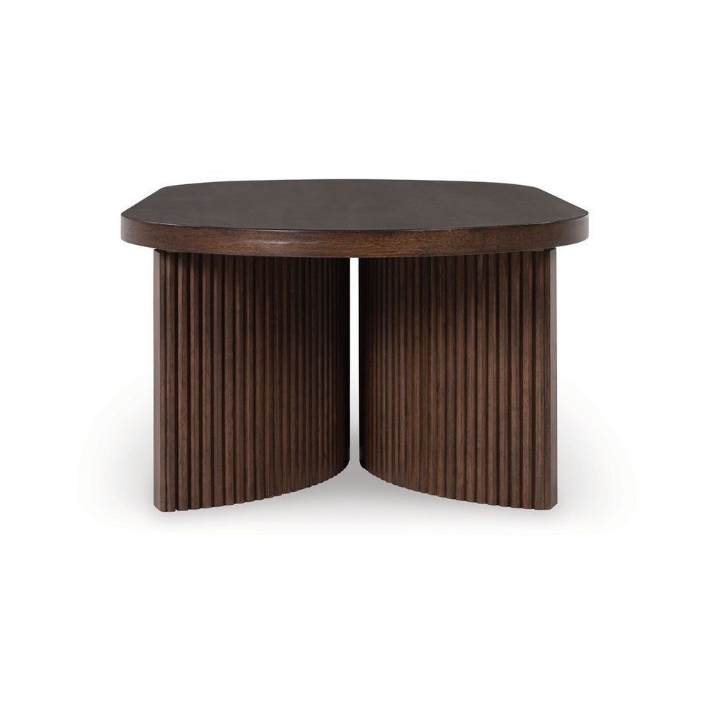 Jeno Coffee Table, 51 Inch Oval, 4 Curved Reeded Plinth Bases, Brown Wood - BM349012
