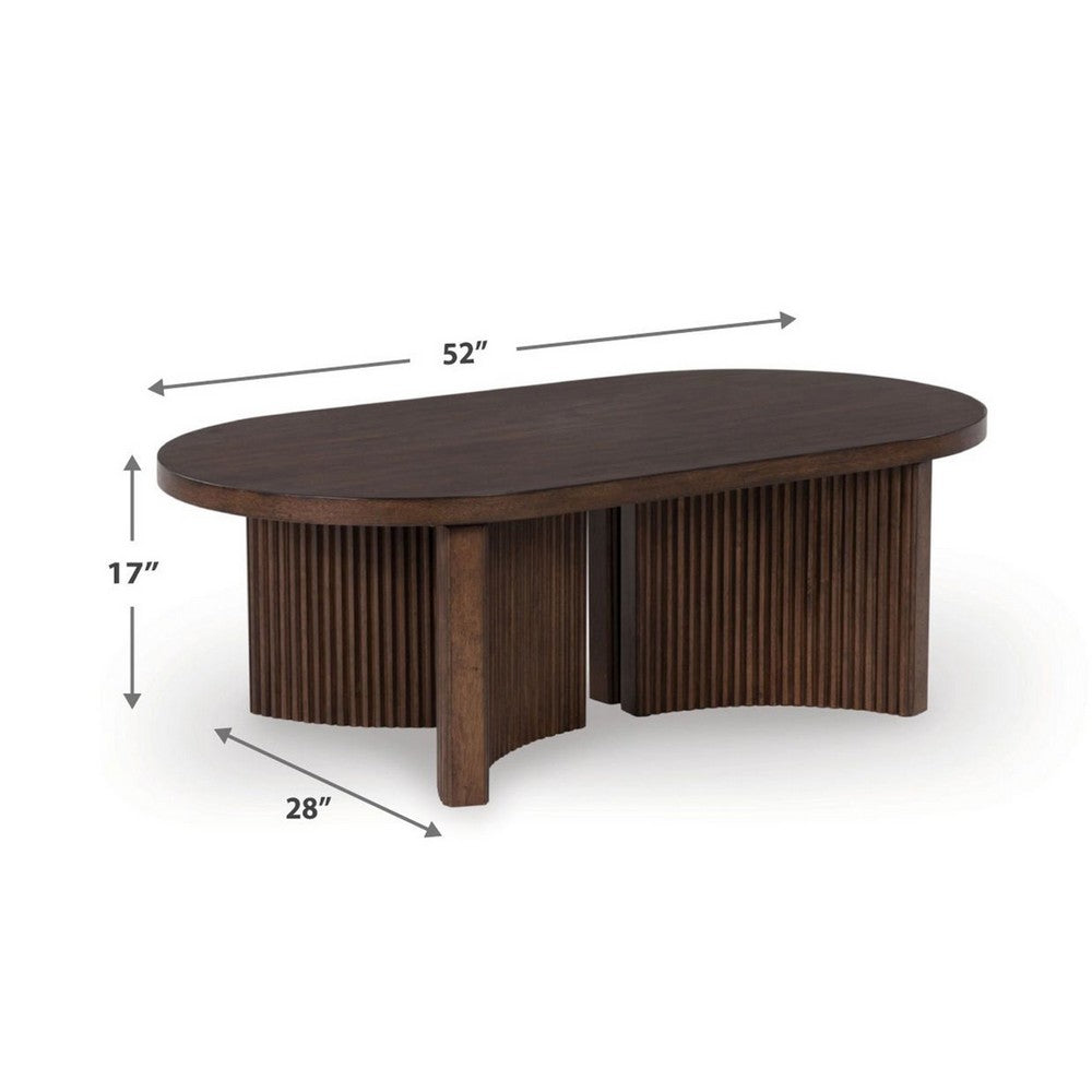 Jeno Coffee Table, 51 Inch Oval, 4 Curved Reeded Plinth Bases, Brown Wood - BM349012