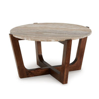 Dore Coffee Table, 36 Inch Round Marble Top, Angled Legs, Brown Wood - BM349016