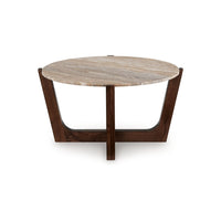 Dore Coffee Table, 36 Inch Round Marble Top, Angled Legs, Brown Wood - BM349016