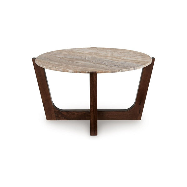 Dore Coffee Table, 36 Inch Round Marble Top, Angled Legs, Brown Wood - BM349016
