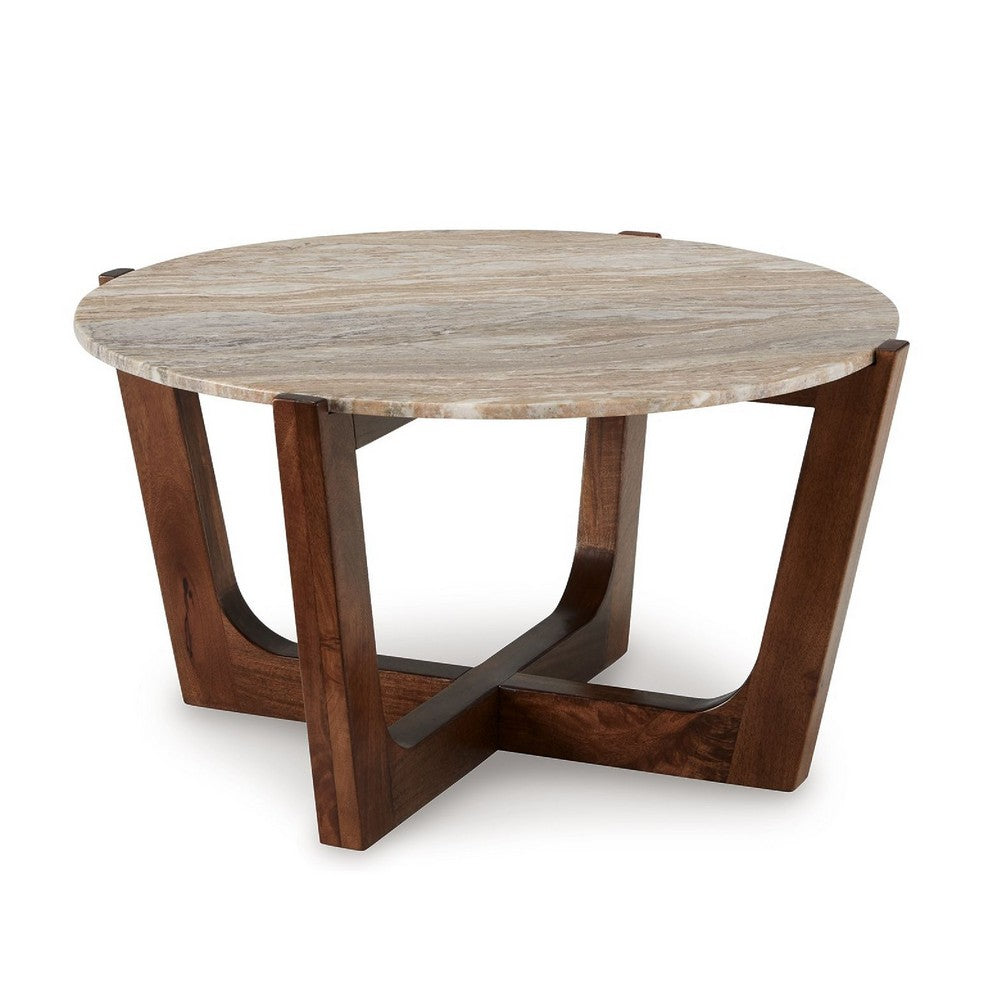 Dore Coffee Table, 36 Inch Round Marble Top, Angled Legs, Brown Wood - BM349016