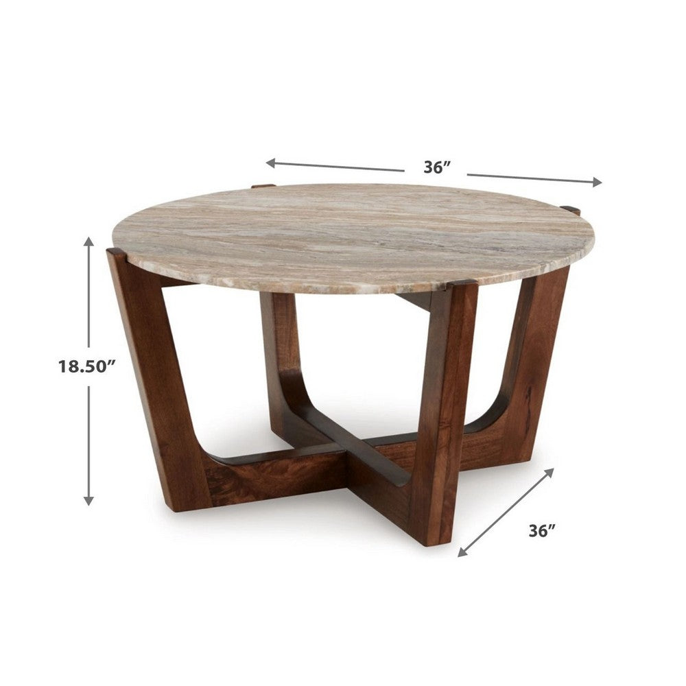 Dore Coffee Table, 36 Inch Round Marble Top, Angled Legs, Brown Wood - BM349016