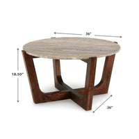 Dore Coffee Table, 36 Inch Round Marble Top, Angled Legs, Brown Wood - BM349016