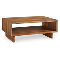 Donni Coffee Table with Shelf, 46 Inch Rectangular, Panel Legs, Brown Wood - BM349018