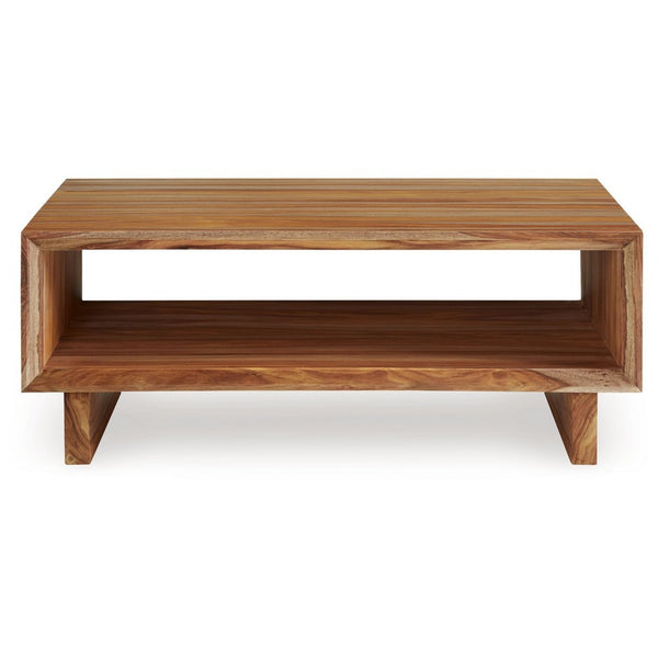 Donni Coffee Table with Shelf, 46 Inch Rectangular, Panel Legs, Brown Wood - BM349018