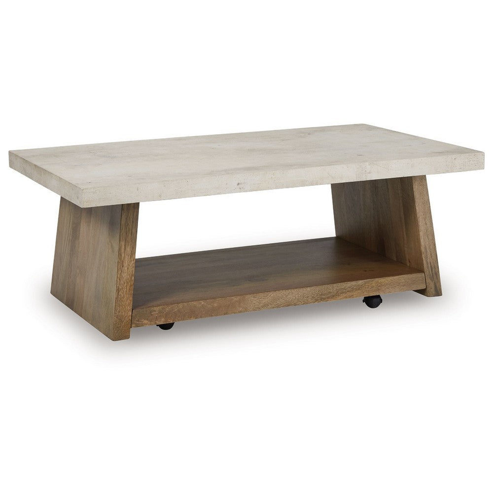 Beda Coffee Table with Casters, Shelf, 48 Inch Rectangular, Brown Wood - BM349022