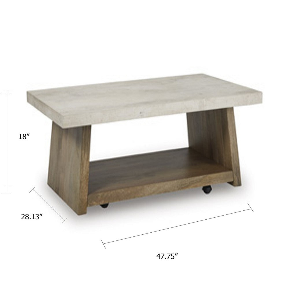 Beda Coffee Table with Casters, Shelf, 48 Inch Rectangular, Brown Wood - BM349022
