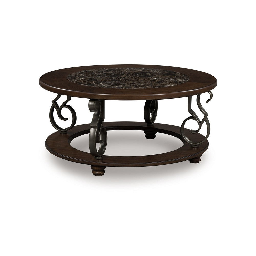Falu Coffee Table, 42 Inch Round Faux Marble Top, Classic Scrolled, Brown - BM349023
