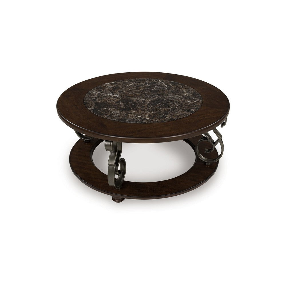 Falu Coffee Table, 42 Inch Round Faux Marble Top, Classic Scrolled, Brown - BM349023