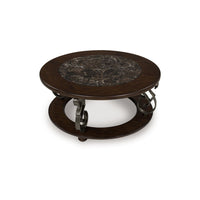Falu Coffee Table, 42 Inch Round Faux Marble Top, Classic Scrolled, Brown - BM349023