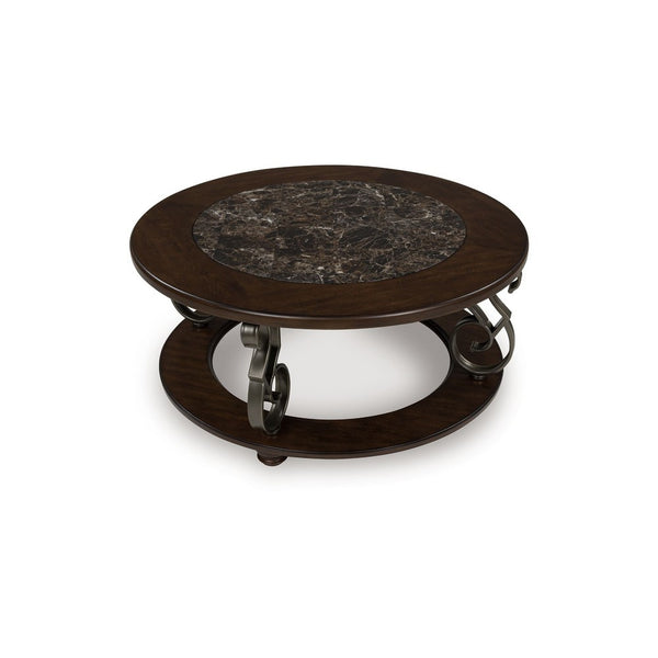Falu Coffee Table, 42 Inch Round Faux Marble Top, Classic Scrolled, Brown - BM349023