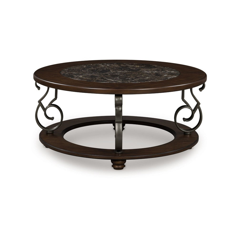 Falu Coffee Table, 42 Inch Round Faux Marble Top, Classic Scrolled, Brown - BM349023