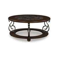 Falu Coffee Table, 42 Inch Round Faux Marble Top, Classic Scrolled, Brown - BM349023