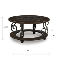 Falu Coffee Table, 42 Inch Round Faux Marble Top, Classic Scrolled, Brown - BM349023