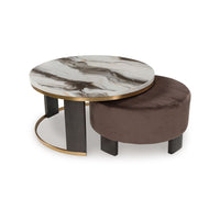 Poim 2pc Nesting Coffee Table and Ottoman Set, White Marble, Brown Velvet - BM349024