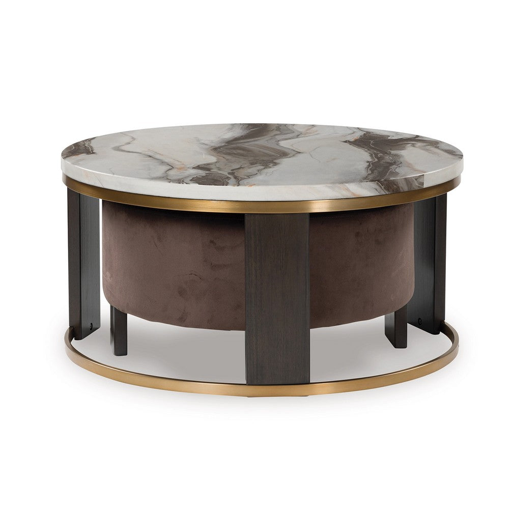 Poim 2pc Nesting Coffee Table and Ottoman Set, White Marble, Brown Velvet - BM349024