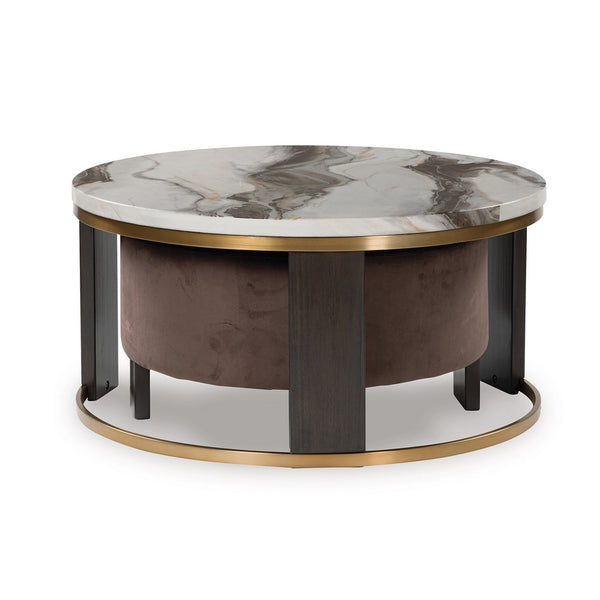 Poim 2pc Nesting Coffee Table and Ottoman Set, White Marble, Brown Velvet - BM349024