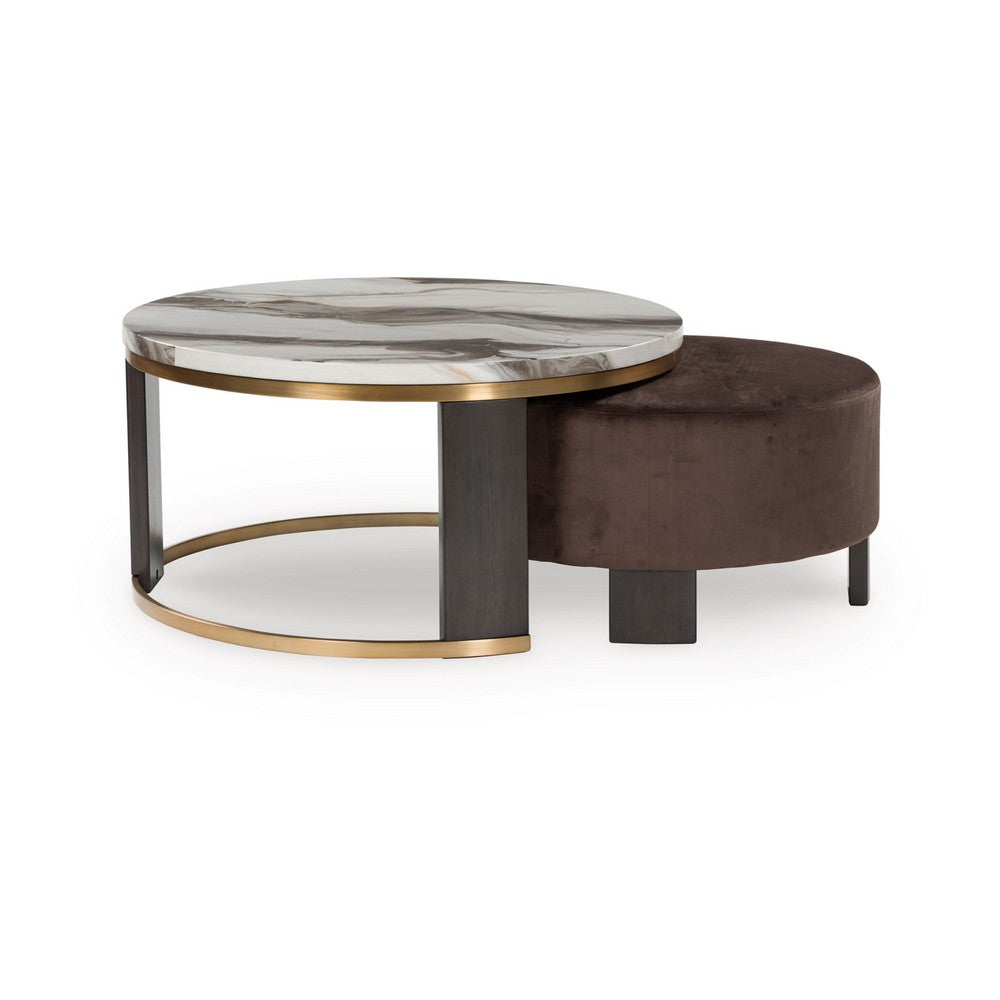 Poim 2pc Nesting Coffee Table and Ottoman Set, White Marble, Brown Velvet - BM349024