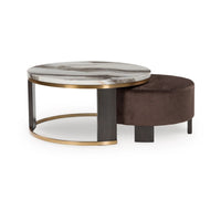 Poim 2pc Nesting Coffee Table and Ottoman Set, White Marble, Brown Velvet - BM349024