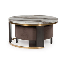 Poim 2pc Nesting Coffee Table and Ottoman Set, White Marble, Brown Velvet - BM349024