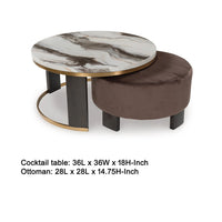 Poim 2pc Nesting Coffee Table and Ottoman Set, White Marble, Brown Velvet - BM349024