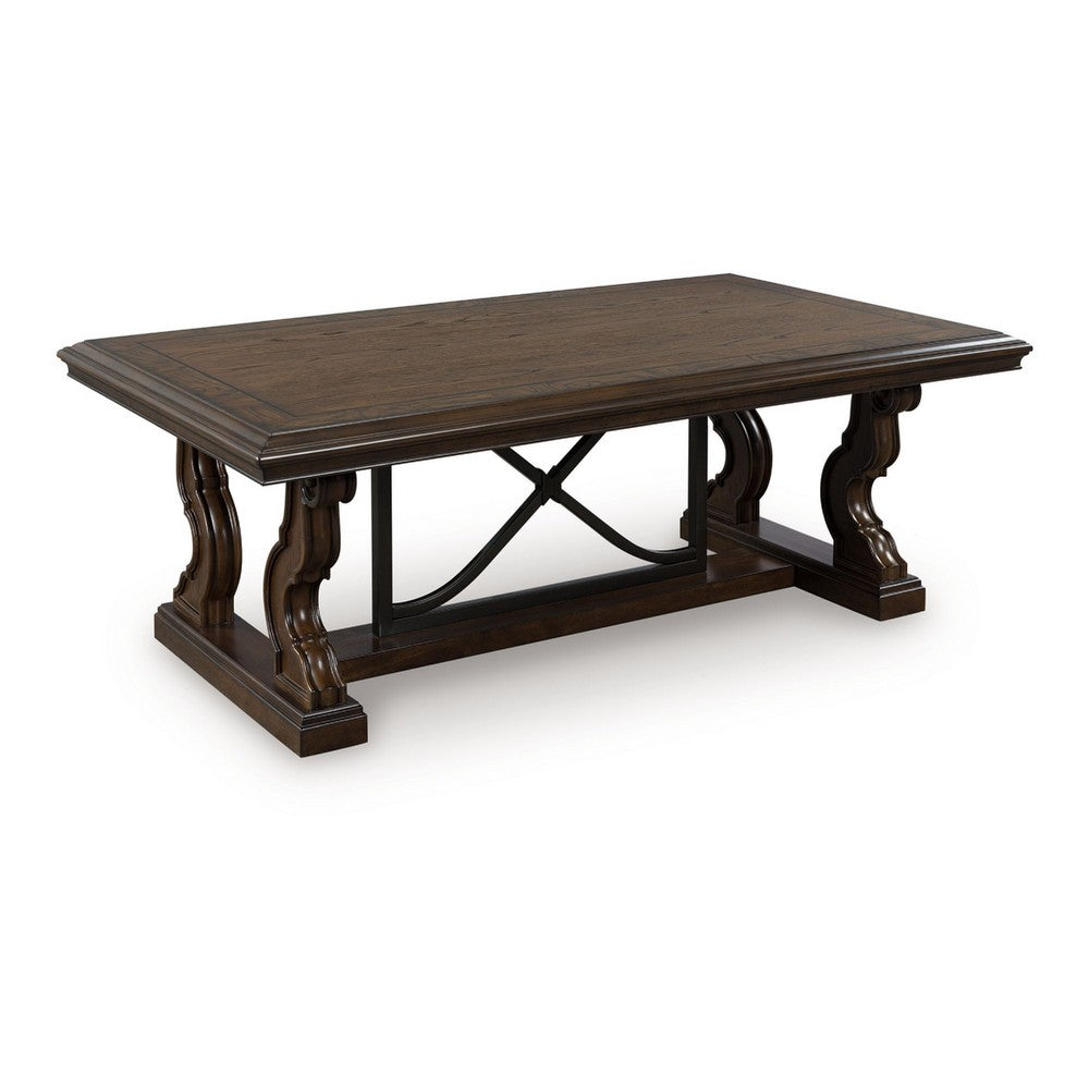 May 56 Inch Rectangular Coffee Table, Elegant Scrolled Base, Brown - BM349026