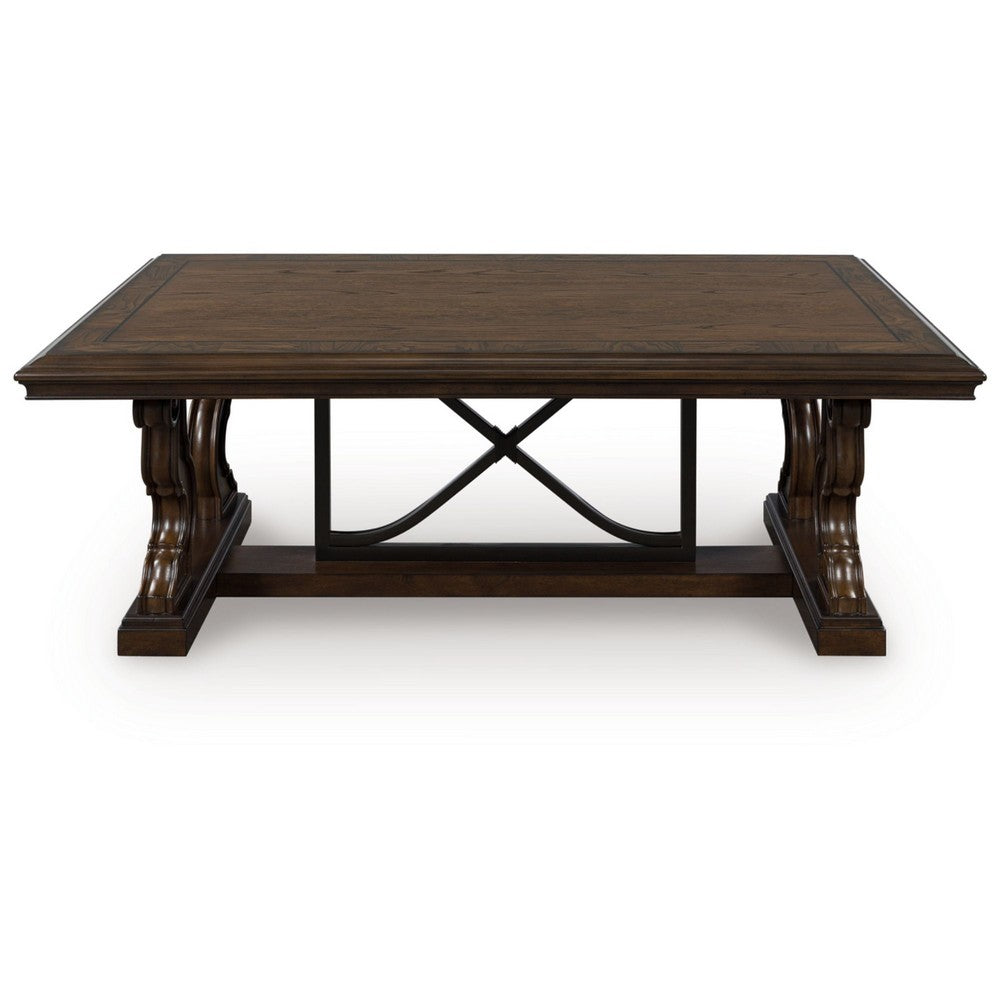 May 56 Inch Rectangular Coffee Table, Elegant Scrolled Base, Brown - BM349026