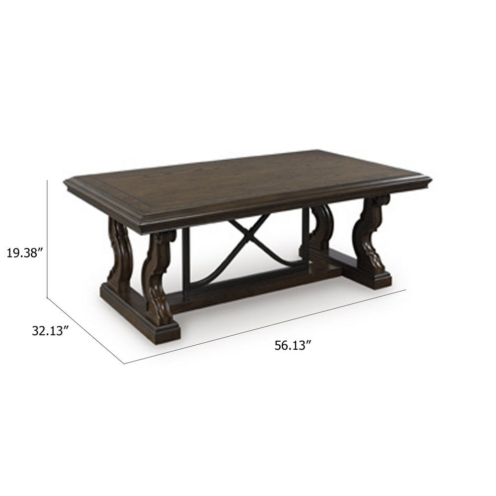 May 56 Inch Rectangular Coffee Table, Elegant Scrolled Base, Brown - BM349026