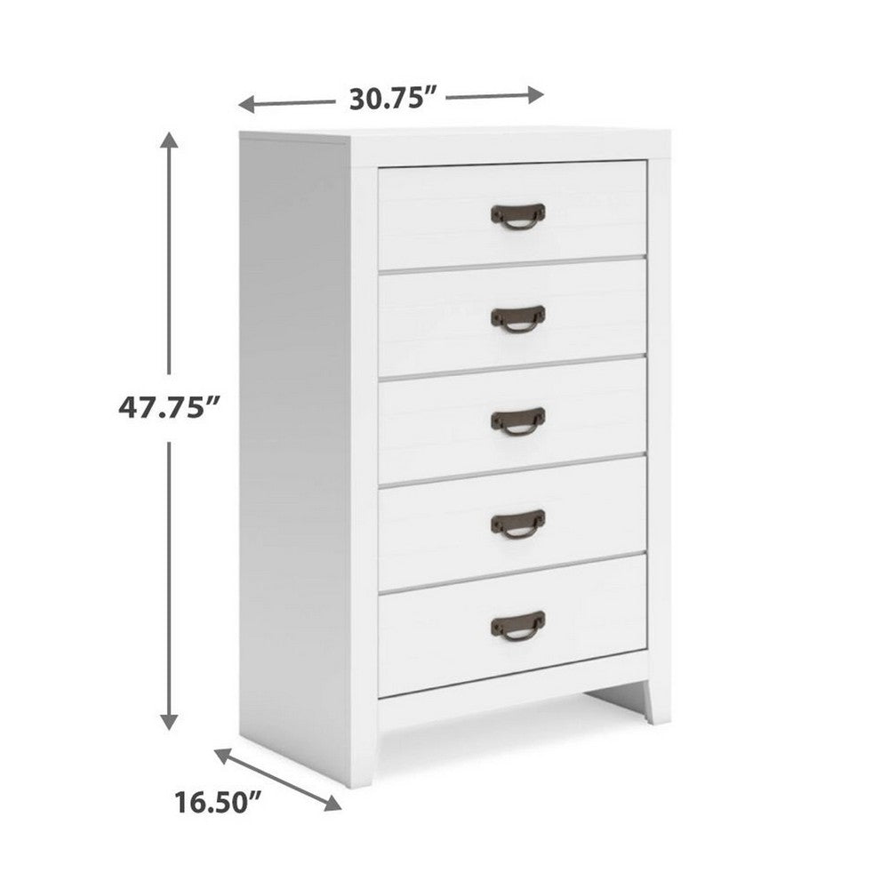 Feo Tall Dresser Chest, 5 Drawers with Dark Bronze Drop Handles, White - BM349035