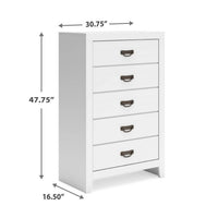 Feo Tall Dresser Chest, 5 Drawers with Dark Bronze Drop Handles, White - BM349035