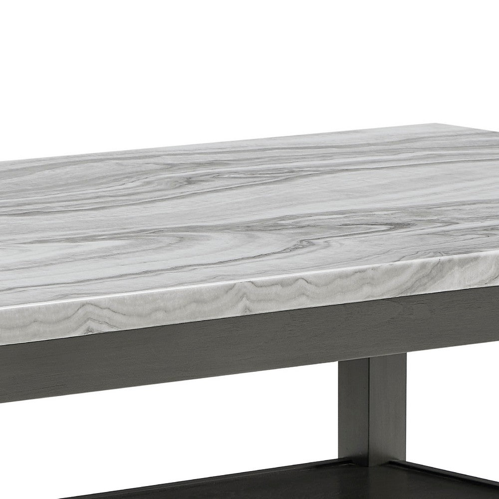 Jeny Dining Table, 60 Inch Faux Marble Top w Lower Shelf, Dark Gray - BM349093