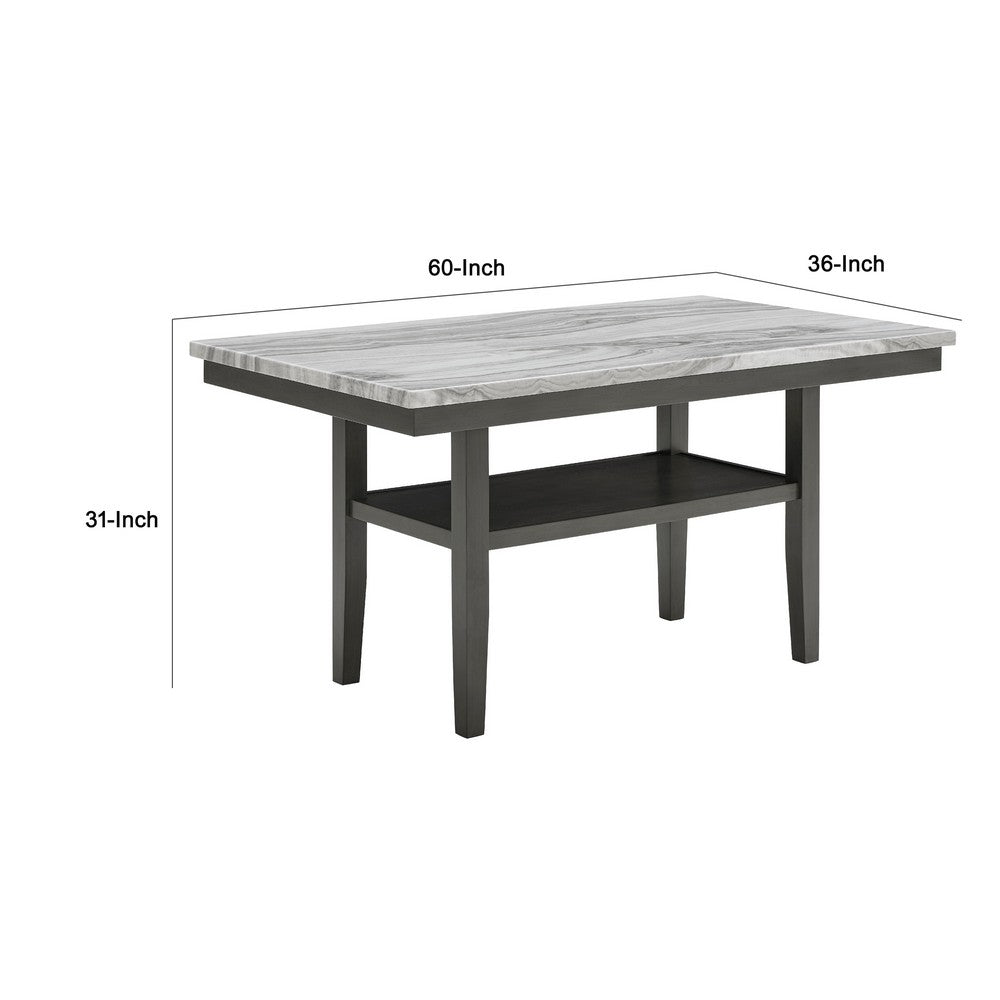 Jeny Dining Table, 60 Inch Faux Marble Top w Lower Shelf, Dark Gray - BM349093