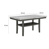 Jeny Dining Table, 60 Inch Faux Marble Top w Lower Shelf, Dark Gray - BM349093