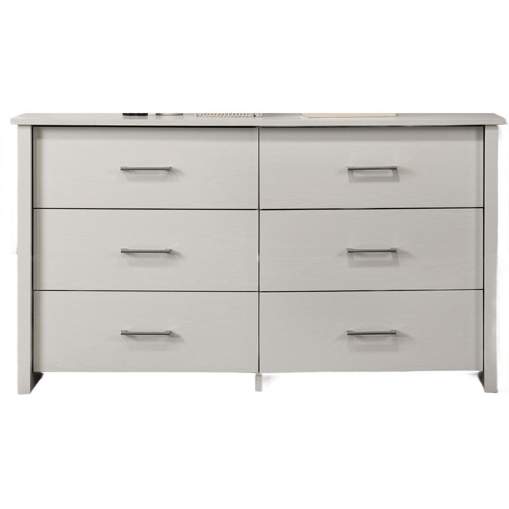 Kele Wide Dresser, 6 Drawers with Silver Handles, White Laminate - BM349101