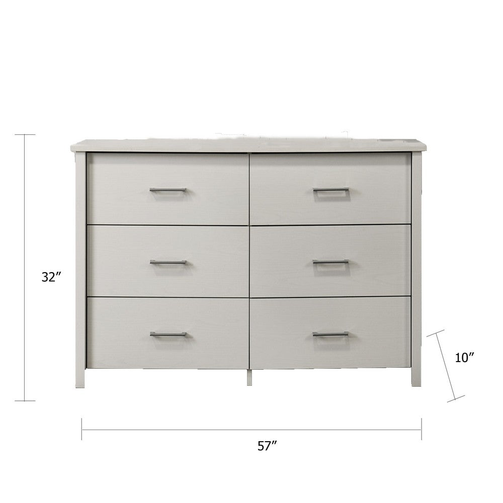 Kele Wide Dresser, 6 Drawers with Silver Handles, White Laminate - BM349101