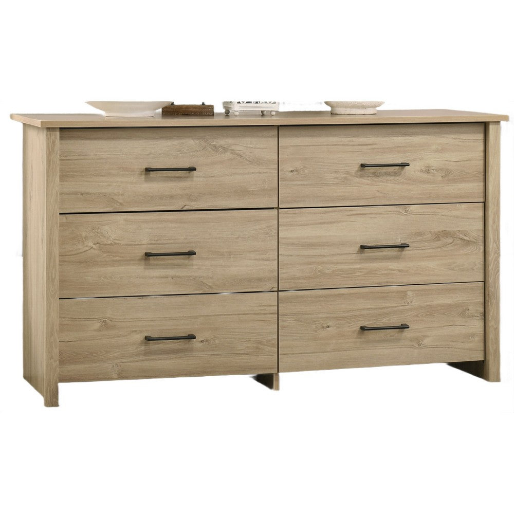 Kele Wide Dresser, 6 Drawers with Black Handles, Light Oak Brown - BM349102