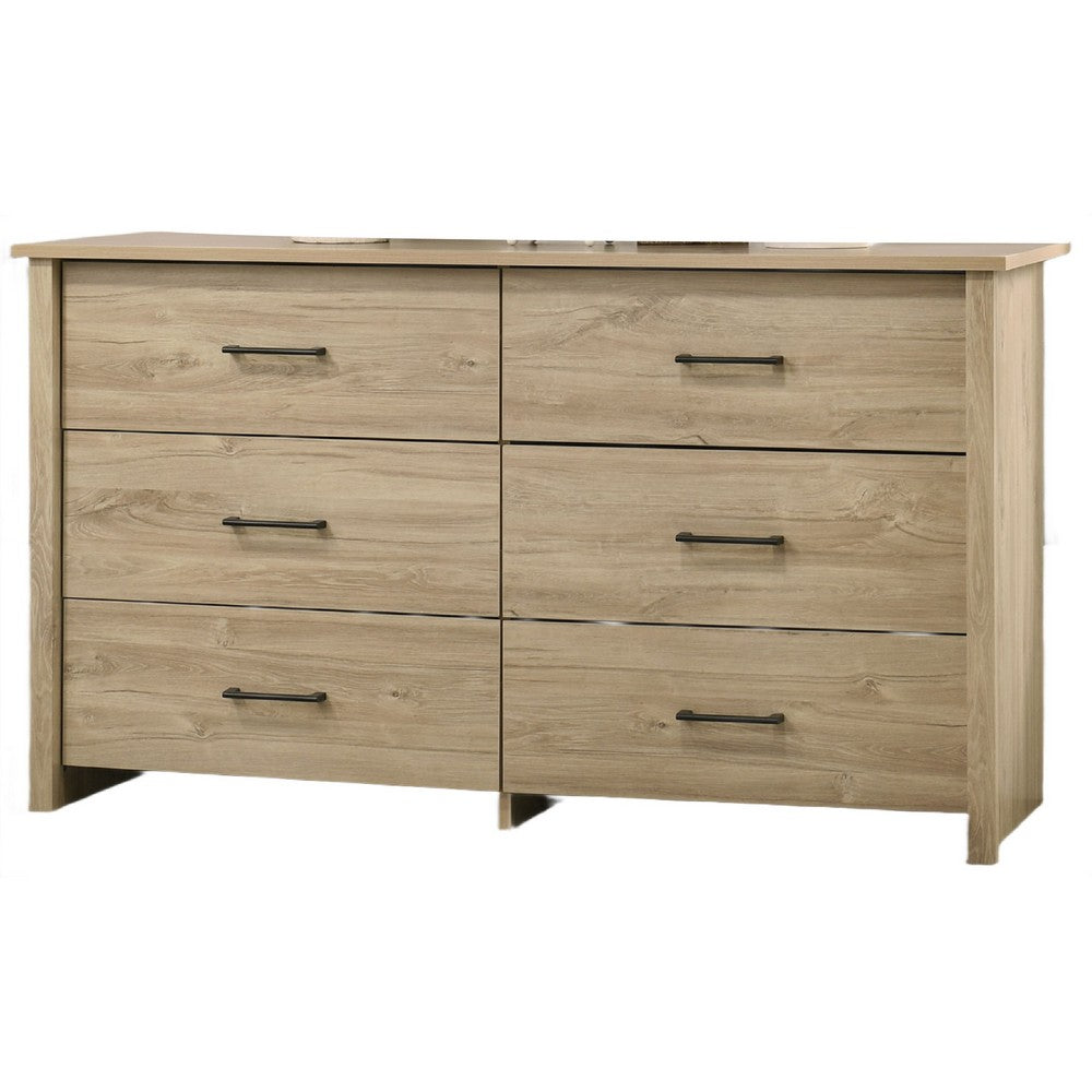 Kele Wide Dresser, 6 Drawers with Black Handles, Light Oak Brown - BM349102