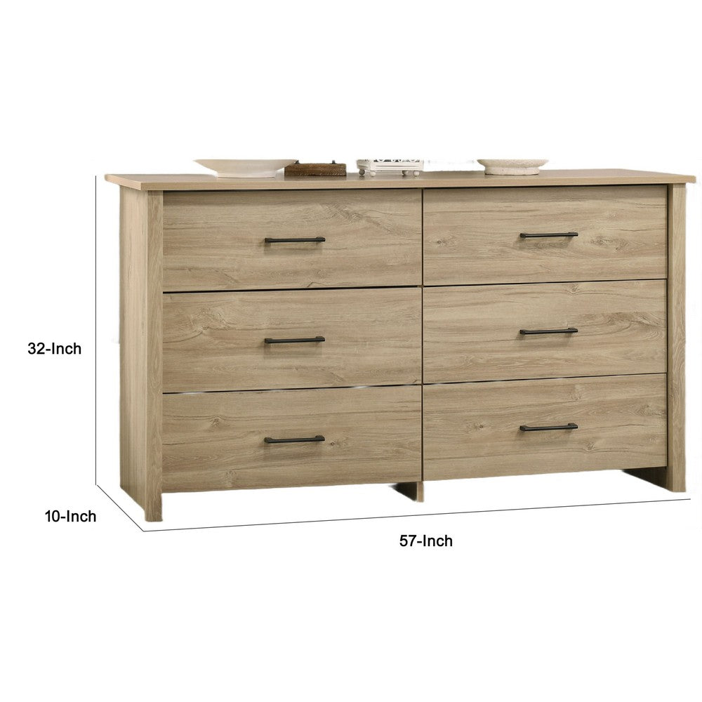 Kele Wide Dresser, 6 Drawers with Black Handles, Light Oak Brown - BM349102