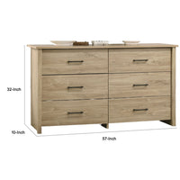 Kele Wide Dresser, 6 Drawers with Black Handles, Light Oak Brown - BM349102