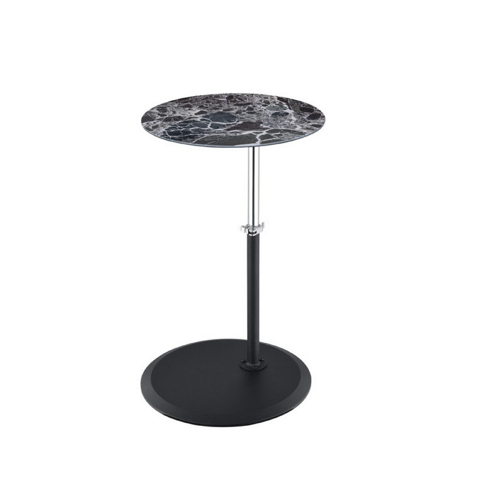 Ory Side End Table, 16 Inch Round Black Glass Top with Adjustable Height - BM349105