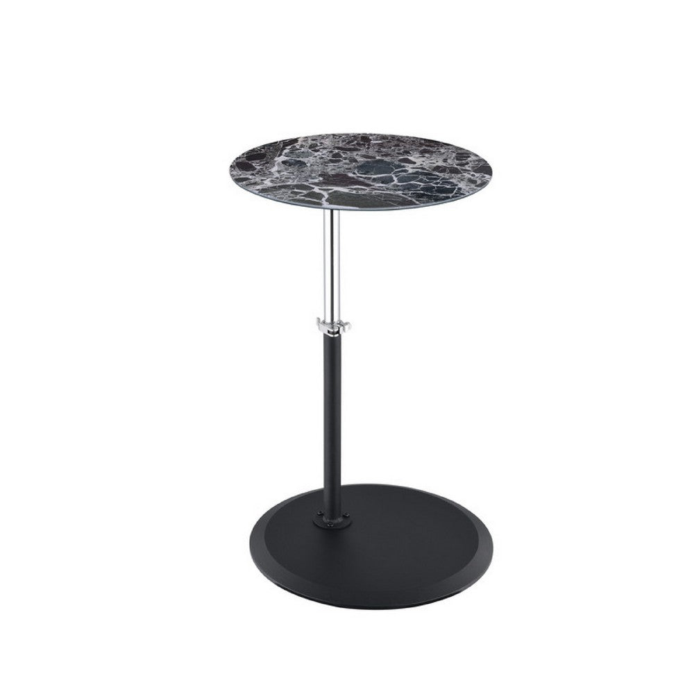 Ory Side End Table, 16 Inch Round Black Glass Top with Adjustable Height - BM349105