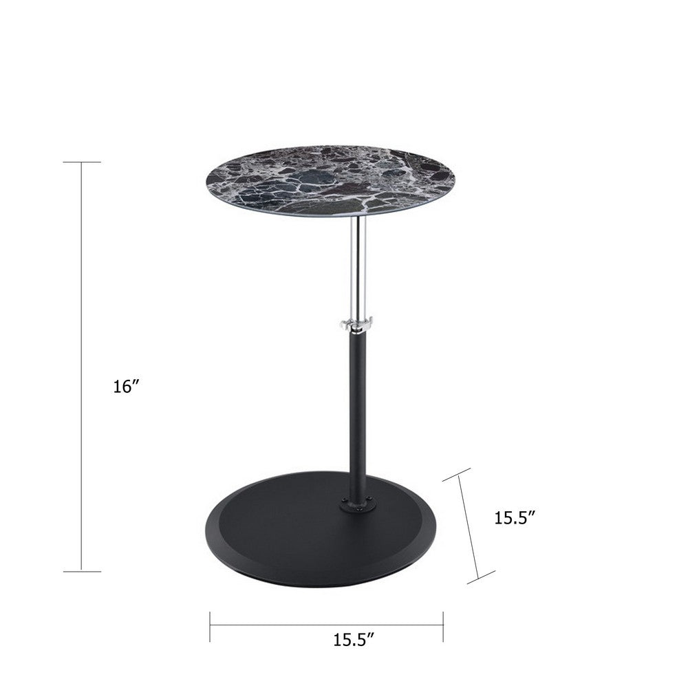 Ory Side End Table, 16 Inch Round Black Glass Top with Adjustable Height - BM349105