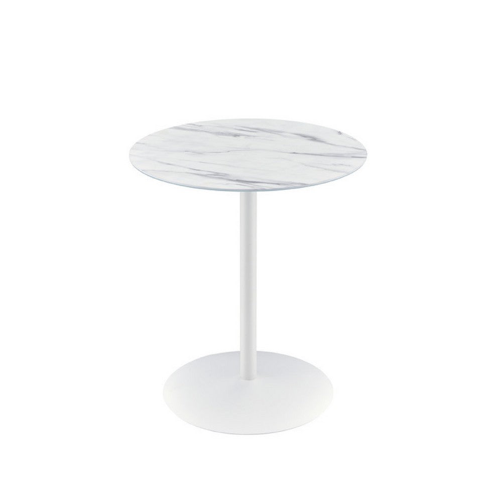 Ciry Side End Table, 18 Inch Round Marble Glass Top, Steel Base, White - BM349107