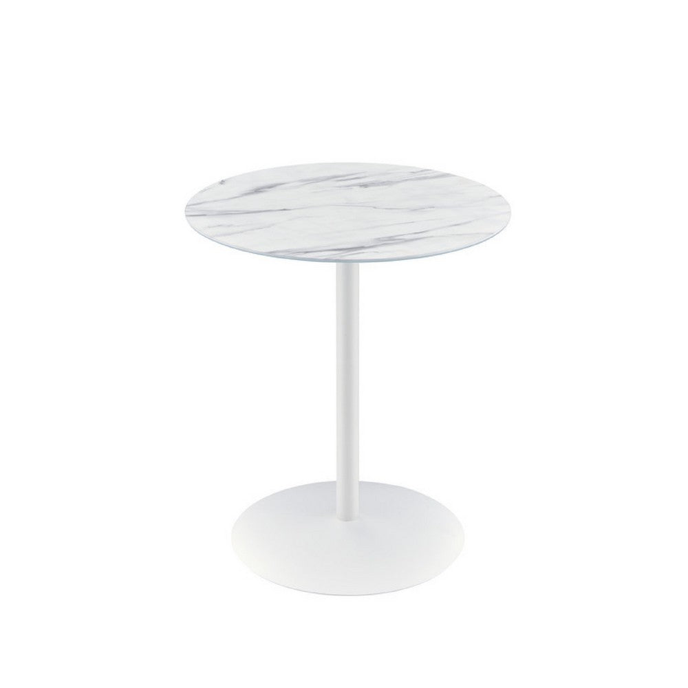 Ciry Side End Table, 18 Inch Round Marble Glass Top, Steel Base, White - BM349107