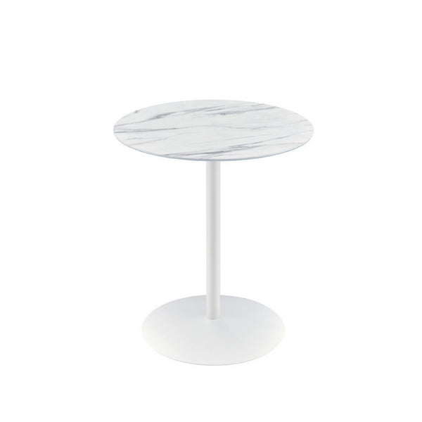 Ciry Side End Table, 18 Inch Round Marble Glass Top, Steel Base, White - BM349107